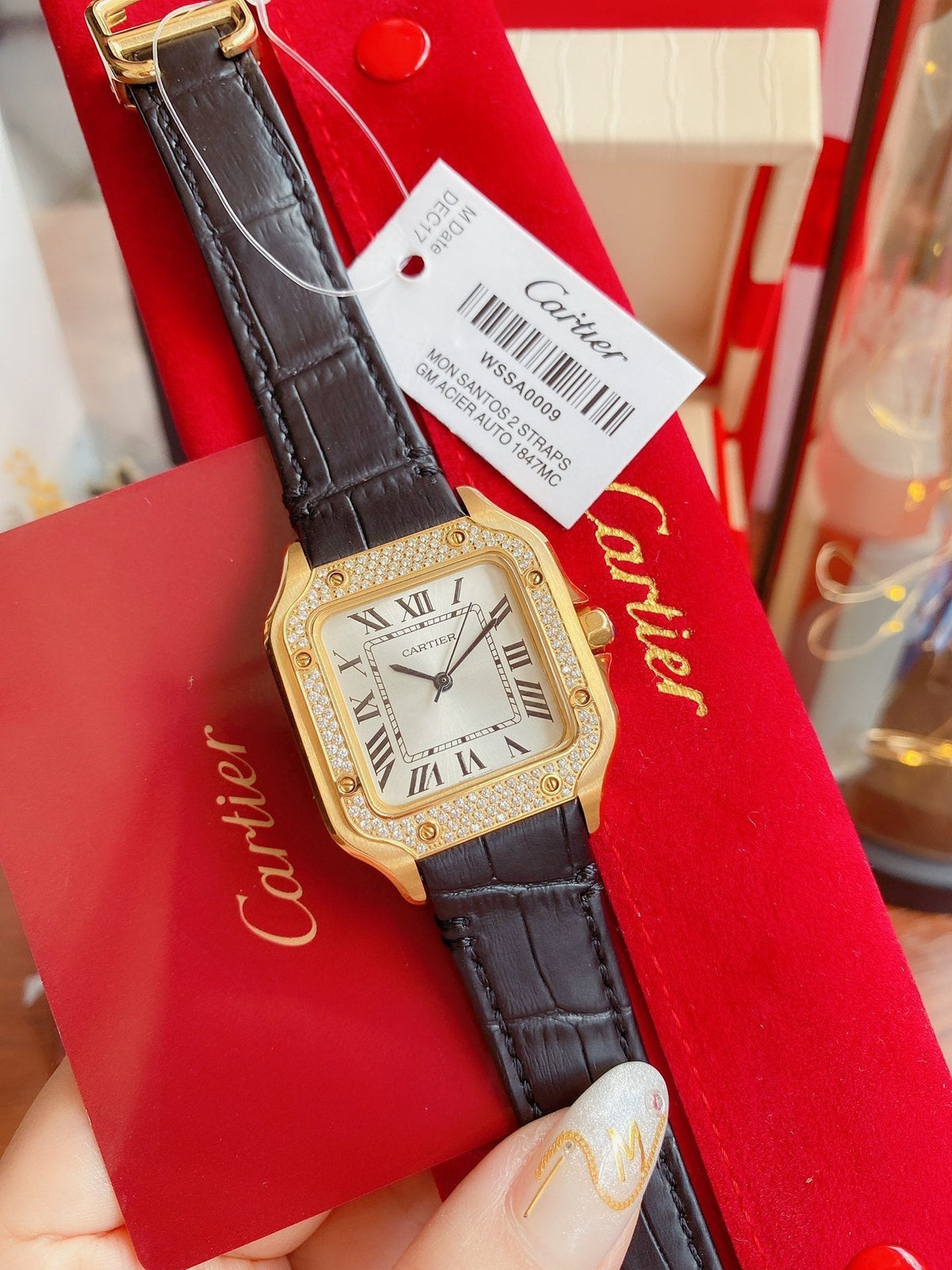 CARTIER SANTOS LADY 35MM QUARTZ 35MM GOLD CASE DIAMOND BEZEL LEATHER