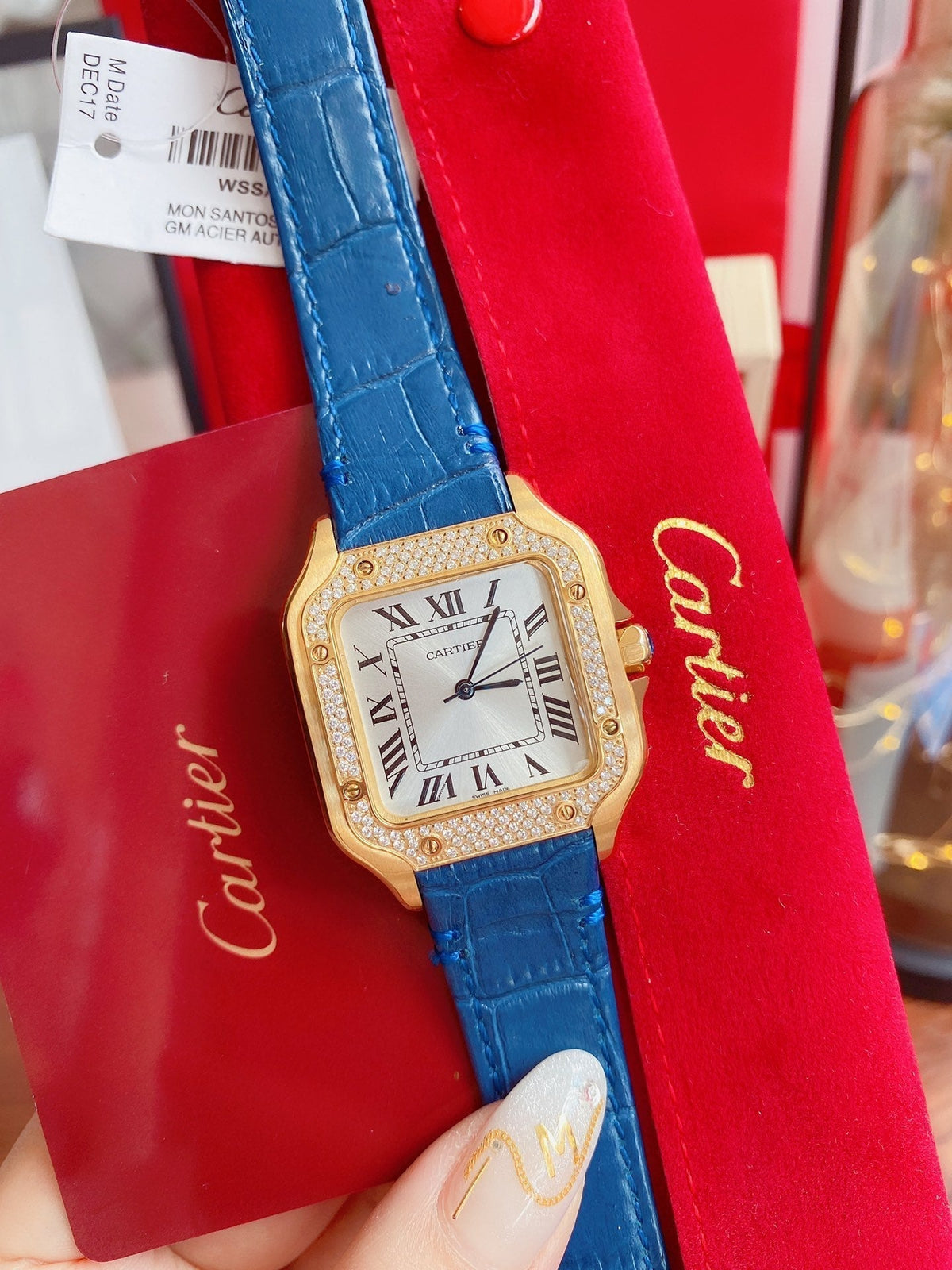 CARTIER SANTOS LADY 35MM QUARTZ 35MM GOLD CASE DIAMOND BEZEL LEATHER