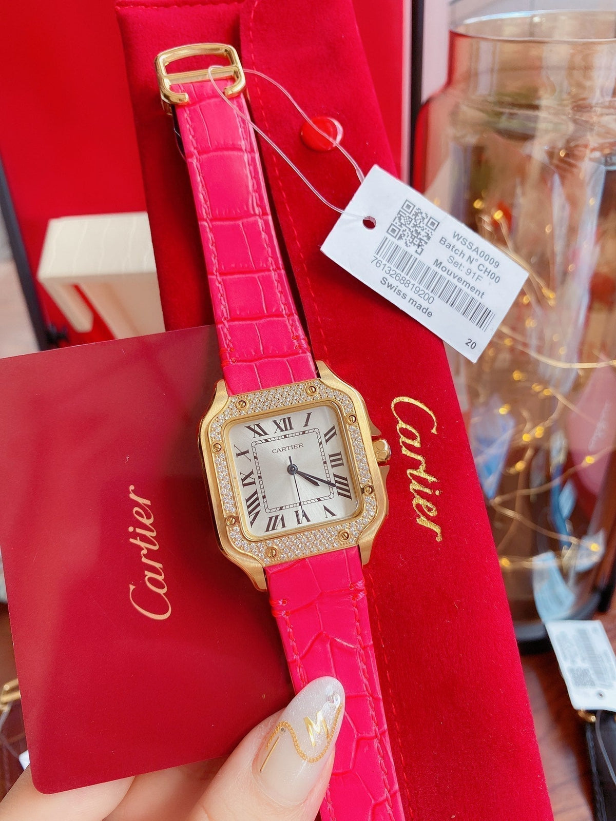 CARTIER SANTOS LADY 35MM QUARTZ 35MM GOLD CASE DIAMOND BEZEL LEATHER