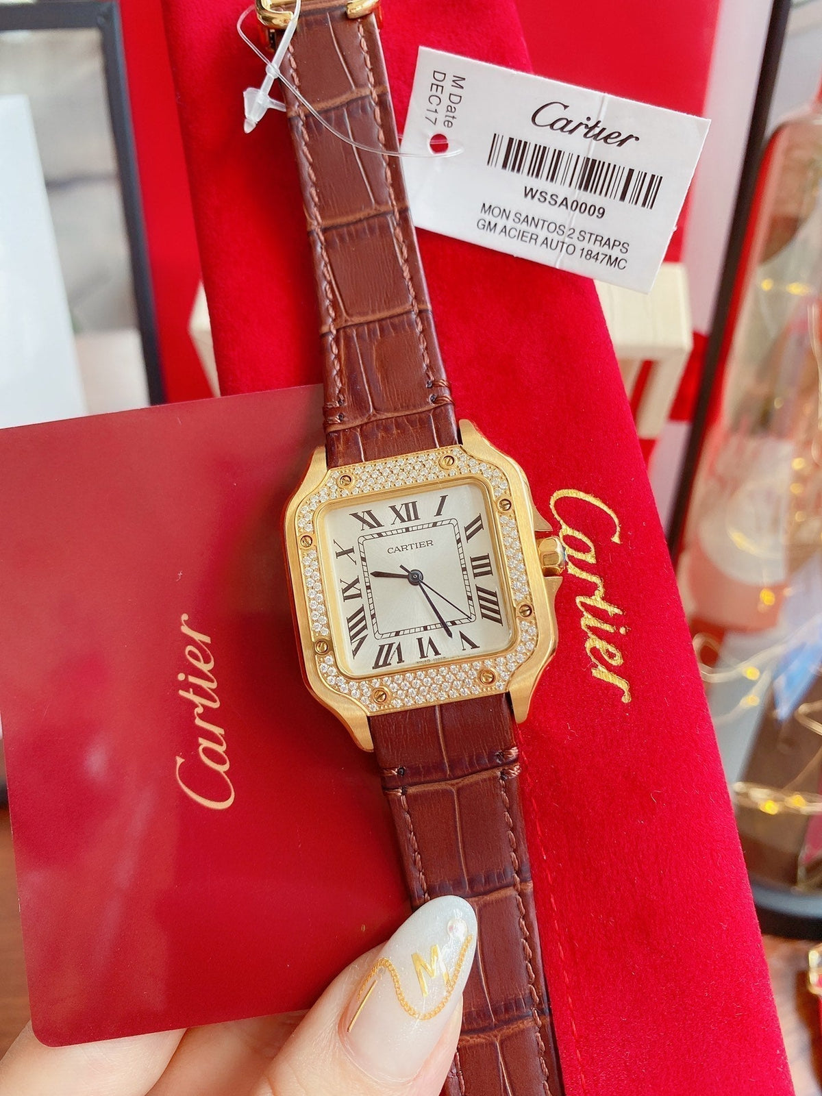 CARTIER SANTOS LADY 35MM QUARTZ 35MM GOLD CASE DIAMOND BEZEL LEATHER