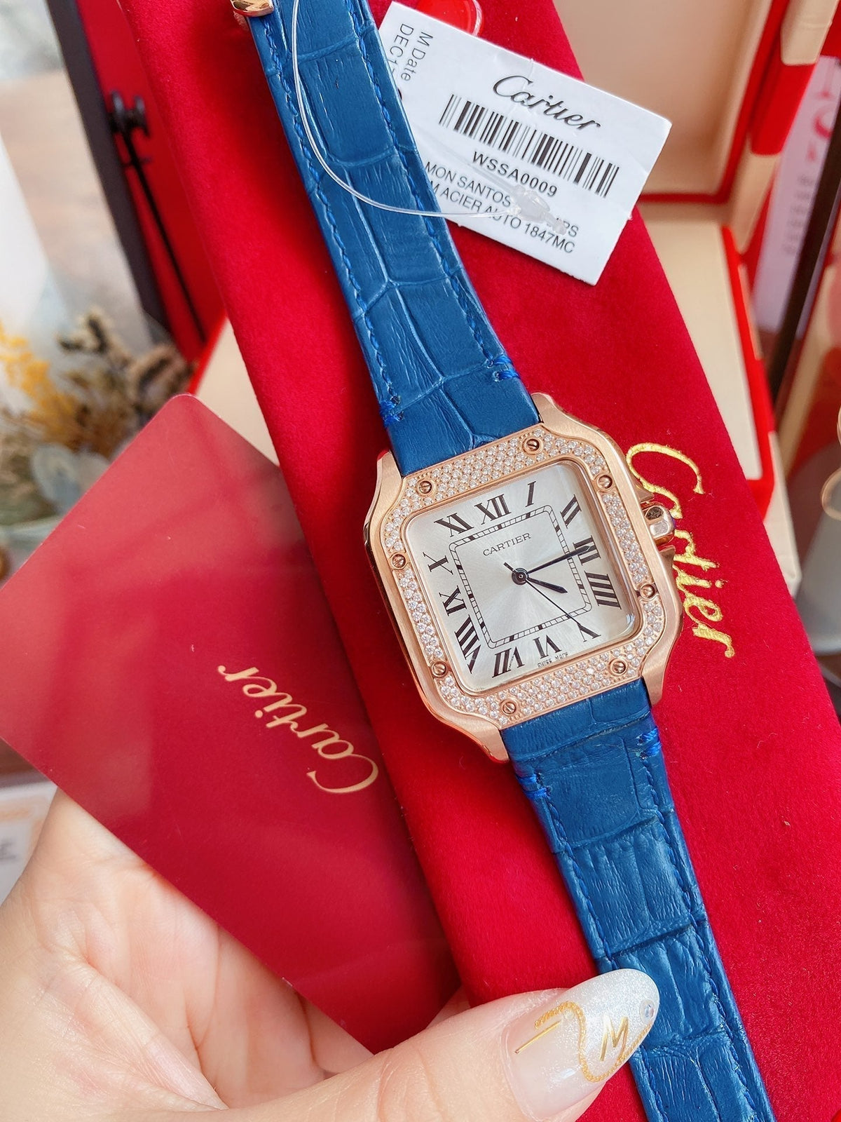 CARTIER SANTOS LADY 35MM QUARTZ ROSE GOLD CASE DIAMOND BEZEL LEATHER