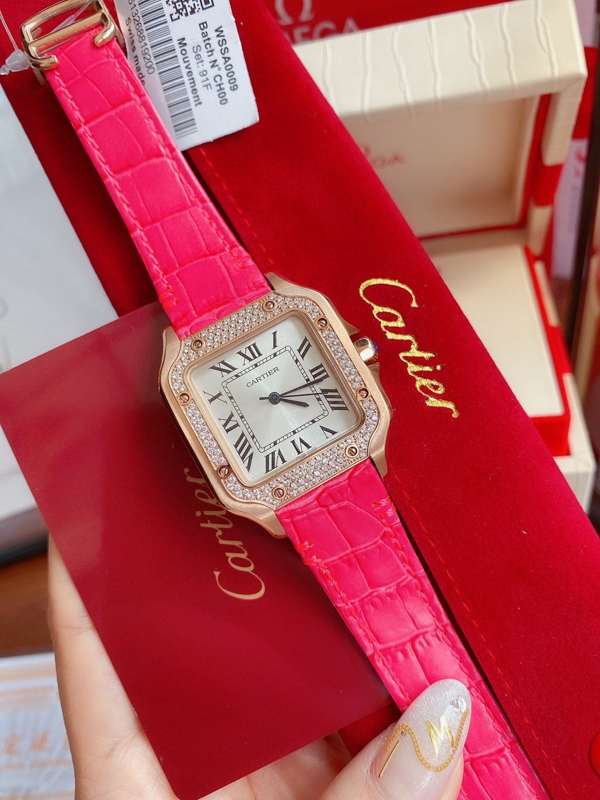 CARTIER SANTOS LADY 35MM QUARTZ ROSE GOLD CASE DIAMOND BEZEL LEATHER