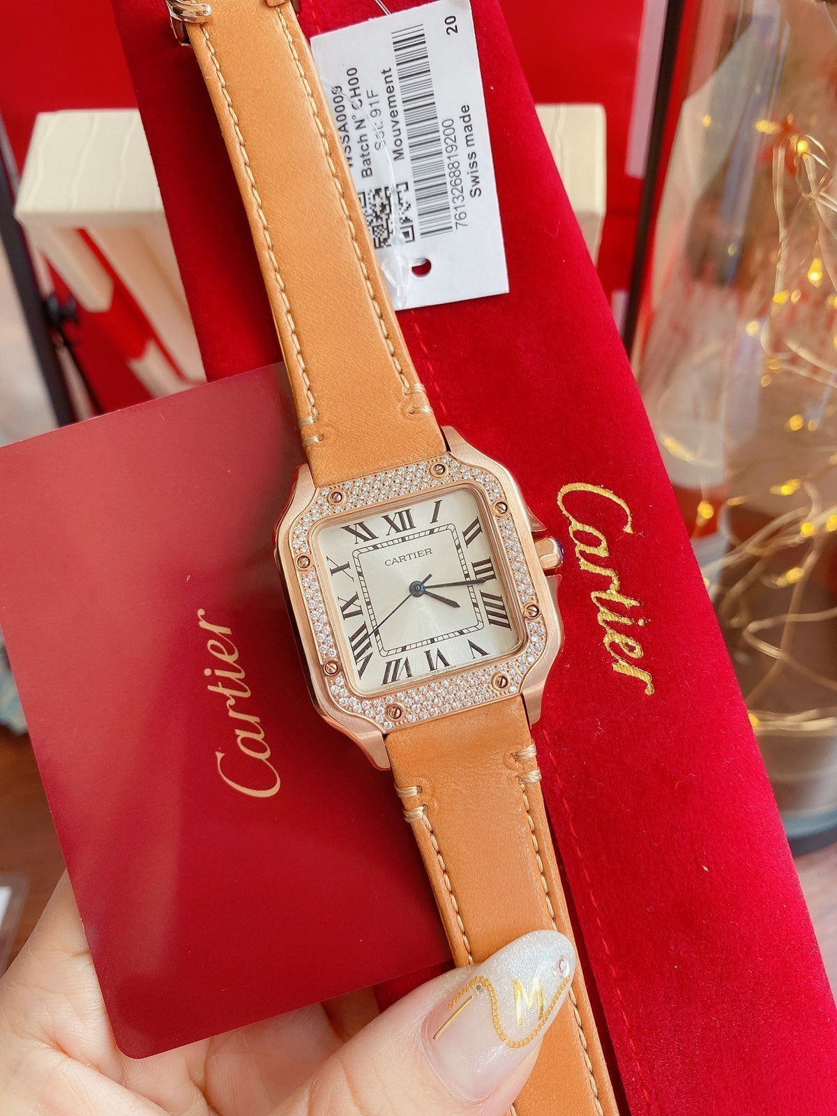 CARTIER SANTOS LADY 35MM QUARTZ ROSE GOLD CASE DIAMOND BEZEL LEATHER