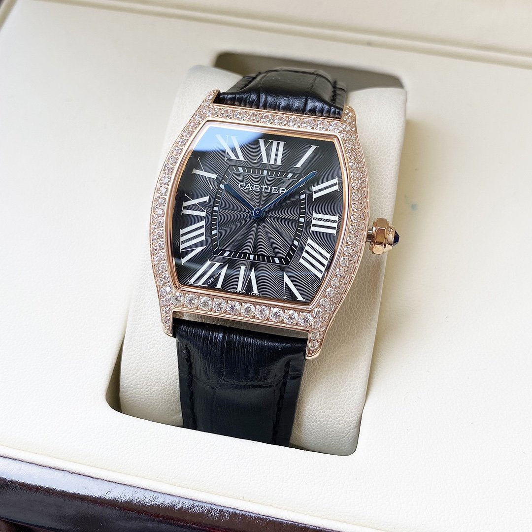 CARTIER TORTUE 40MM DIAMOND BEZEL LEATHER STRAP