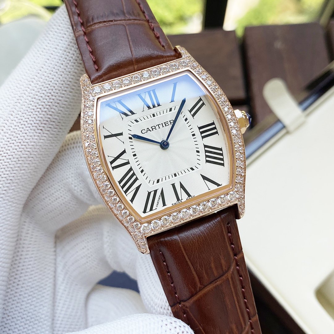 CARTIER TORTUE 40MM DIAMOND BEZEL LEATHER STRAP