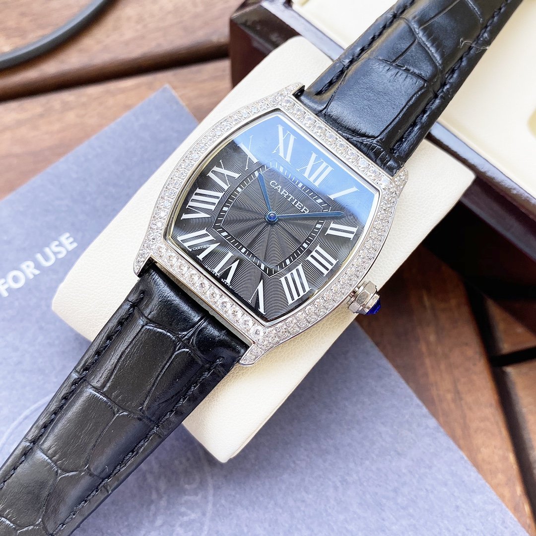 CARTIER TORTUE 40MM DIAMOND BEZEL LEATHER STRAP