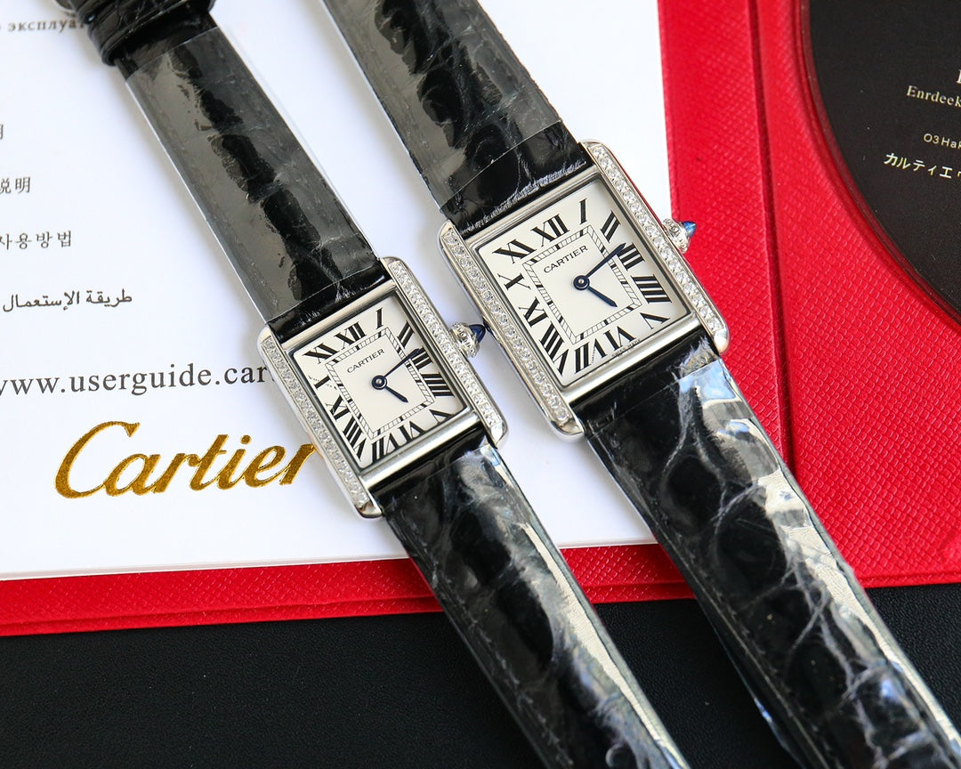 CARTIER TANK MUST SMALL STEEL DIAMOND BEZEL LEATHER STRAP EWHITE DIAL