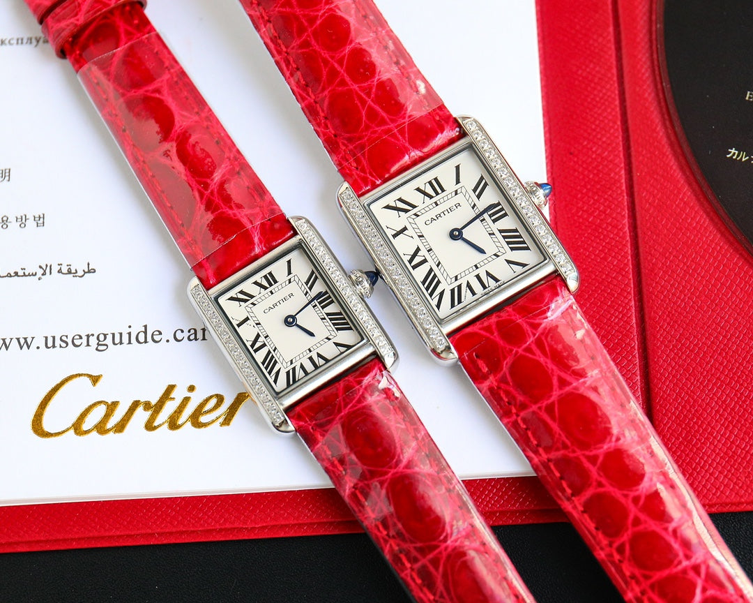 CARTIER TANK MUST SMALL STEEL DIAMOND BEZEL LEATHER STRAP EWHITE DIAL