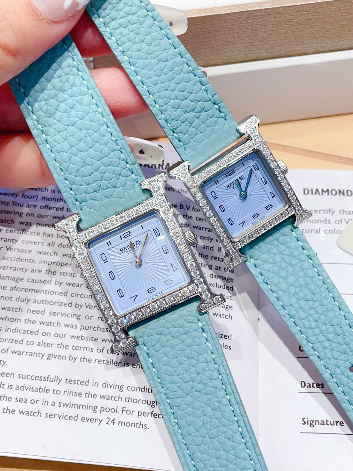HERMES HEURE H 26 SILVER BLUE DIAL DIAMOND BEZEL EPSOM LEATHER