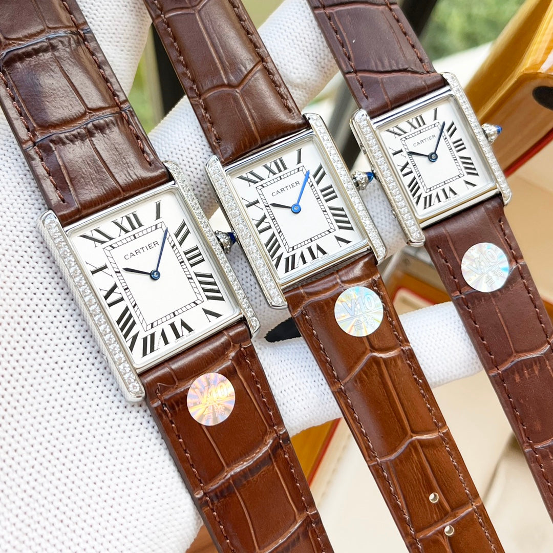 CARTIER TANK MUST SILVER CASE DIAMOND BEZEL LEATHER