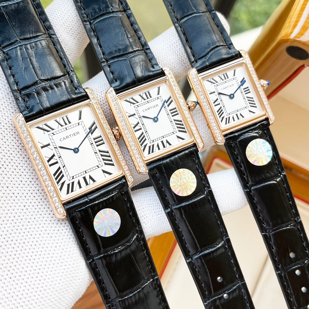 CARTIER TANK MUST SILVER CASE DIAMOND BEZEL LEATHER
