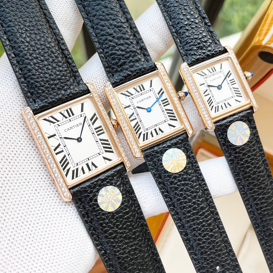 CARTIER TANK MUST SILVER CASE DIAMOND BEZEL LEATHER