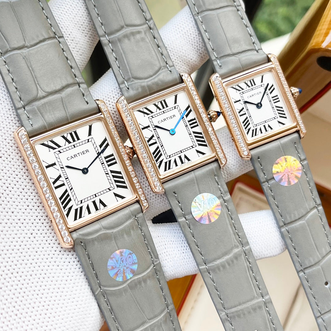 CARTIER TANK MUST SILVER CASE DIAMOND BEZEL LEATHER