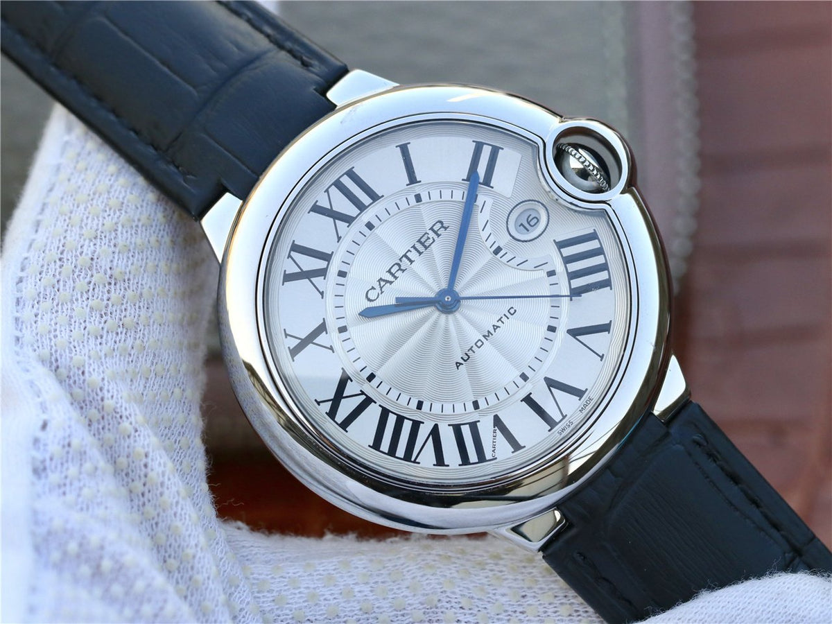 CARTIER BALLON BLEU DATE 42 SILVER DIAL BLACK BRACELET