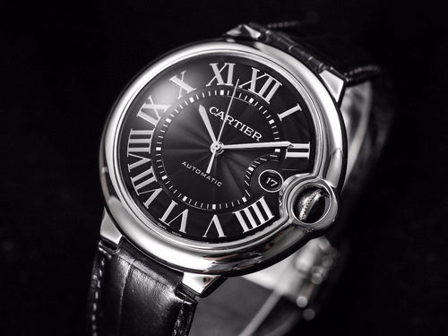 CARTIER BALLON BLEU 42 BLACK DIAL LEATHER BRACELET