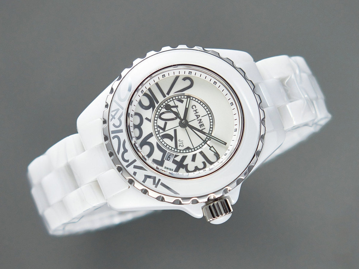 CHANEL J12 Date Quartz White Ceramic Stainless Graffiti Limited