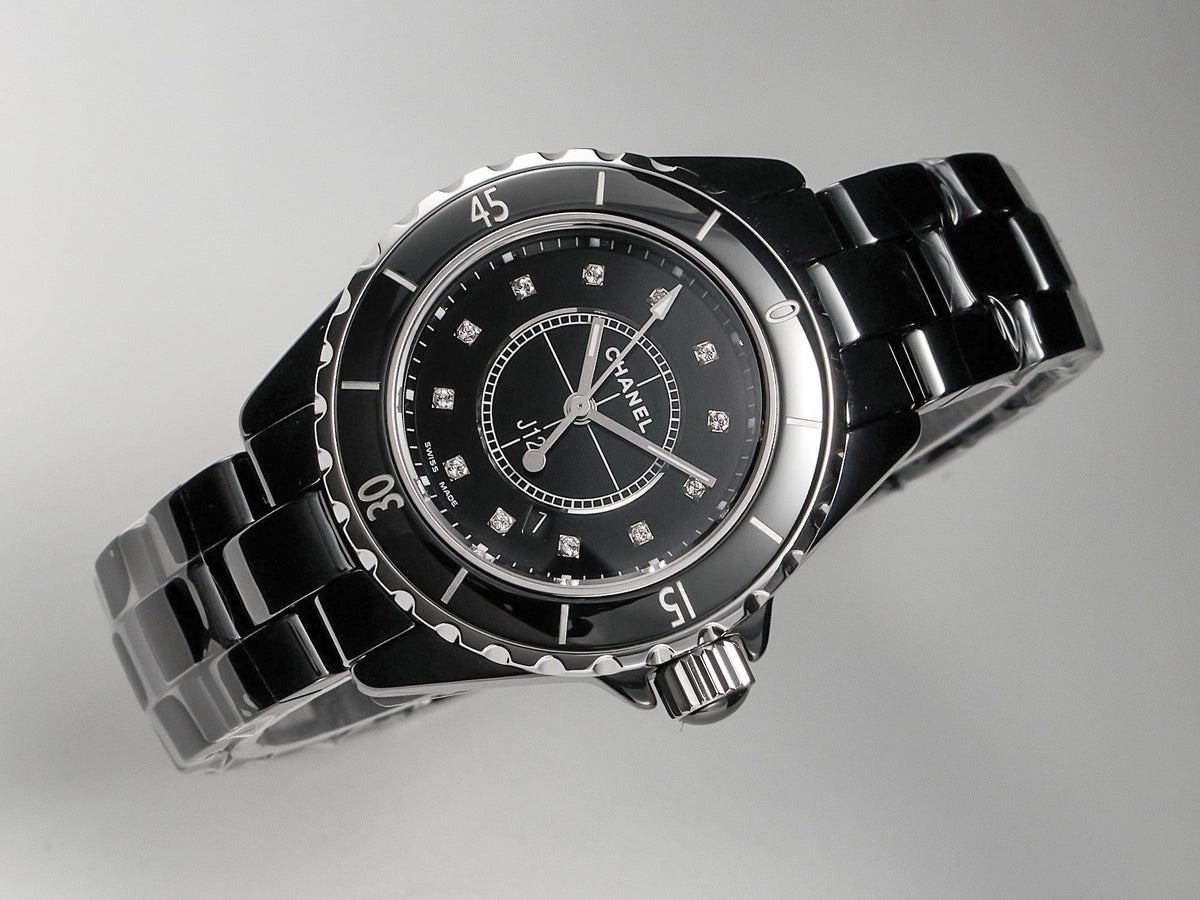 CHANEL J12 Date Quartz Black Ceramic Diamond Numerals Black Dial
