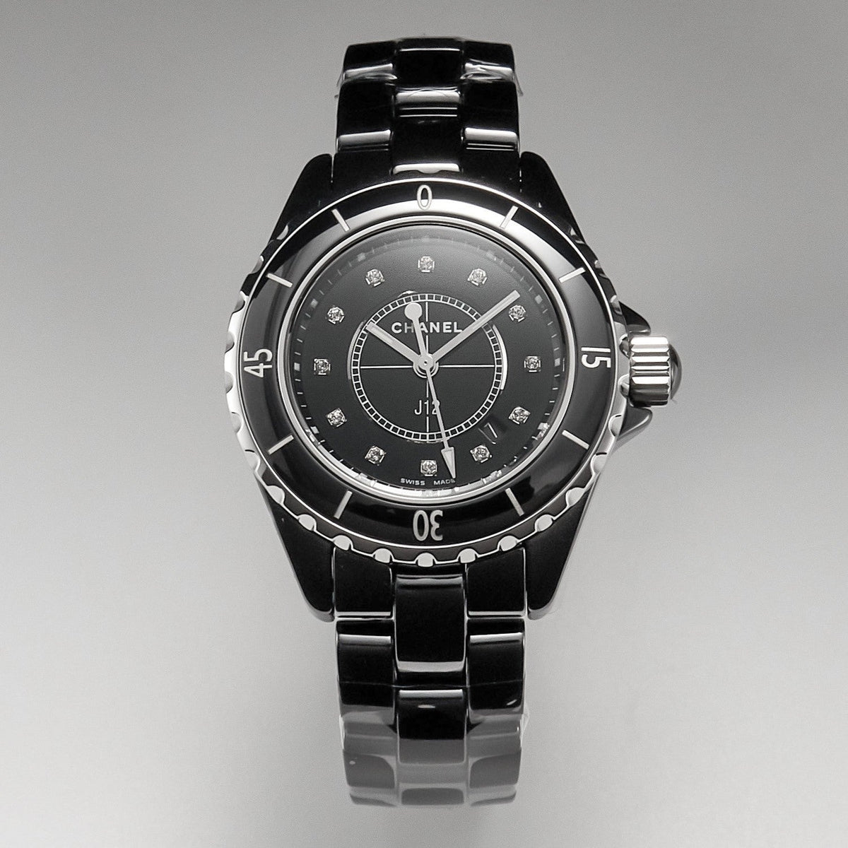 CHANEL J12 Date Quartz Black Ceramic Diamond Numerals Black Dial