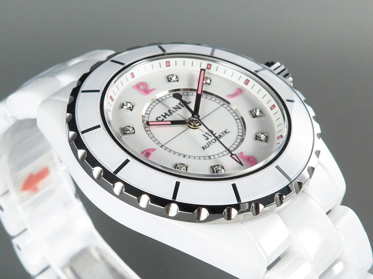 CHANEL J12 Automatic White Ceramic Pink Diamond Numerals White Dial