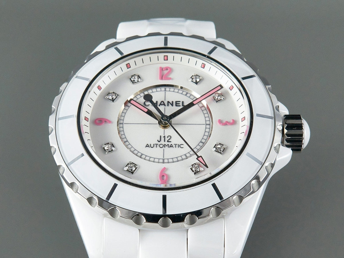 CHANEL J12 Automatic White Ceramic Pink Diamond Numerals White Dial